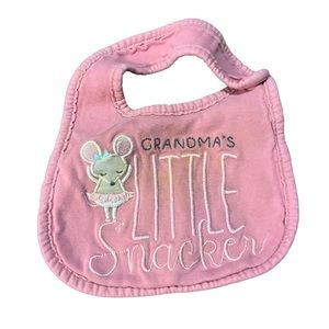 Pink and Gray Carter’s Bib “Grandma’s Little Snacker” is Stained